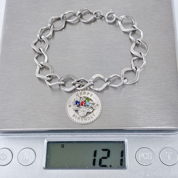Vintage Sterling Silver 925 | Glass Bead Happy Birthday Charm Bracelet | 7" - Picture 11 of 11